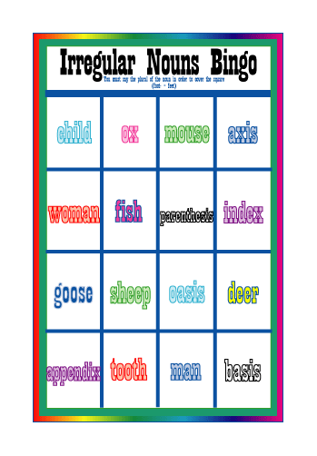 Irregular Noun Bingo Game