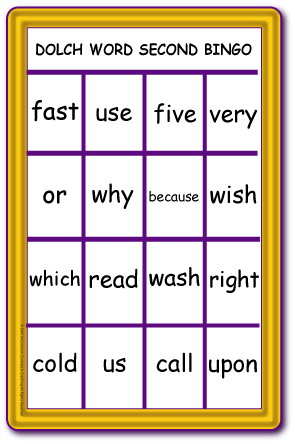 Dolch Word Second (Sight Word) Bingo