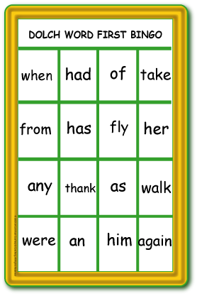 Dolch Word First (Sight Word) Bingo
